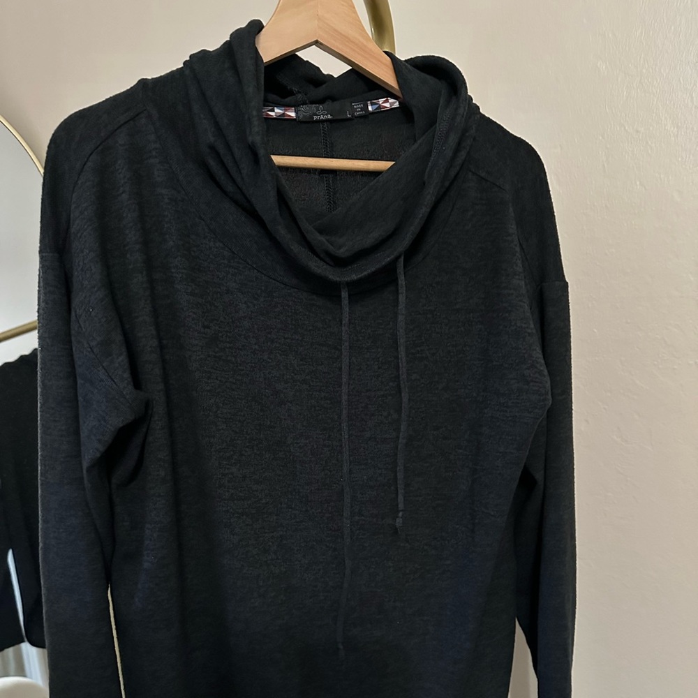 Ultra-soft Prana heathered dark gray cowl neck sweater, large